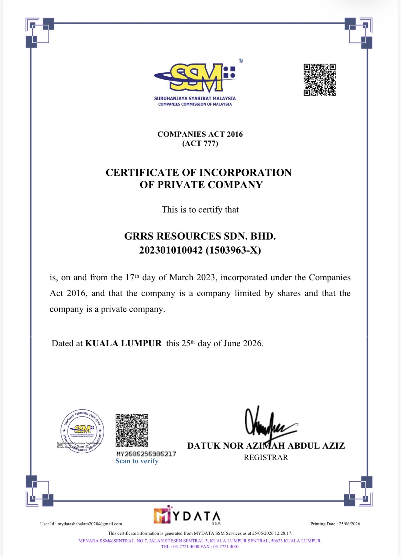 GRRS RESOURCES SDN. BHD. SSM certificate of incorporation, company number 202301010042 (1503963-X), page 1